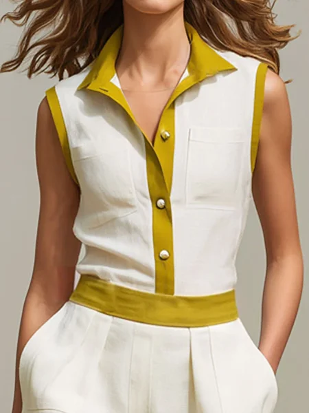 Cotton And Linen Casual Color Block Shirt Collar Shirt