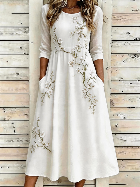 

Women Floral Summer Dress Crew Neck Half Sleeve A-Line Dress, White, Dresses