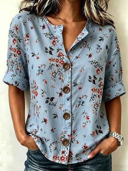 

Stand Collar Three Quarter Sleeve Floral Regular Loose Shirt For Women, Blue, Shirts