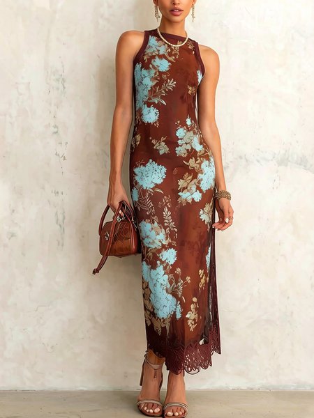 

Elegant Floral Printing Crew Neck Midi Dress, Brown, Maxi Dresses