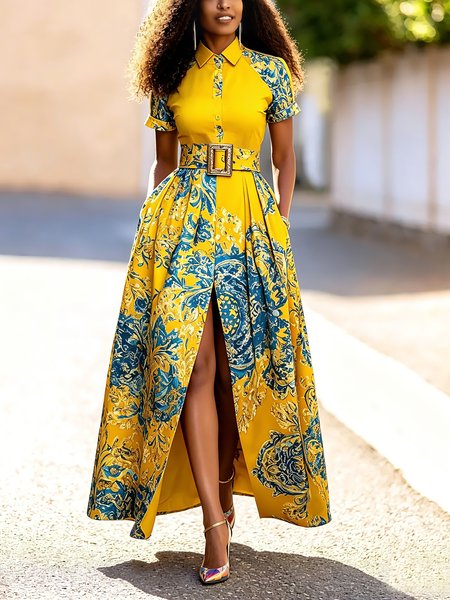 Elegant Random Print Printing Shirt Collar Maxi Dress With Belt