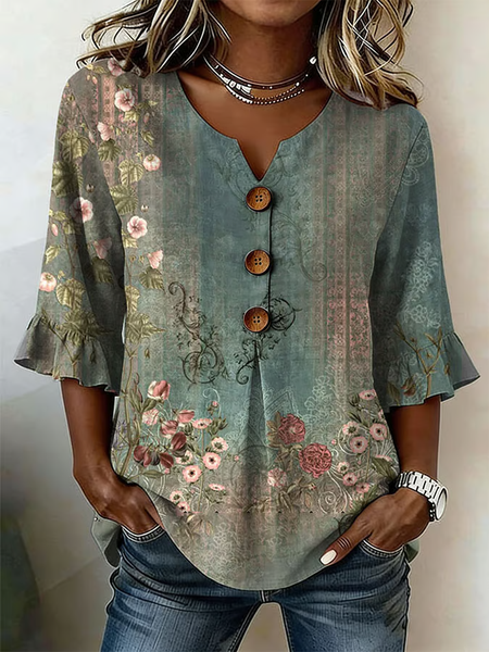 

Women Floral V Neck Half Sleeve Blouse Printing Vintage Daily Summer Top, Green, Blouses
