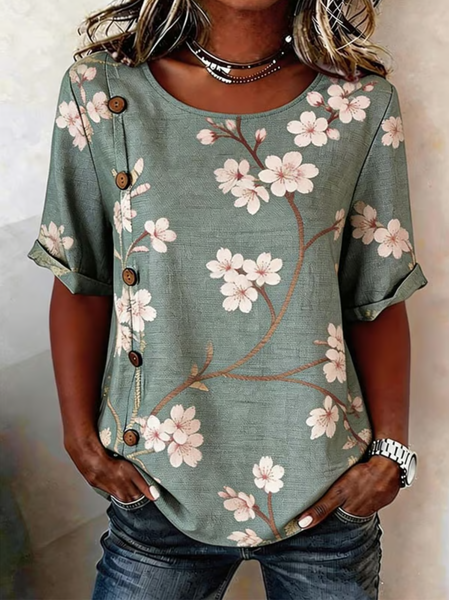 

Crew Neck Short Sleeve Floral Lightweight Loose Shirt For Women, Green, T-shirts