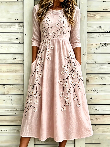Women Floral Summer Dress Crew Neck Half Sleeve A-Line Dress