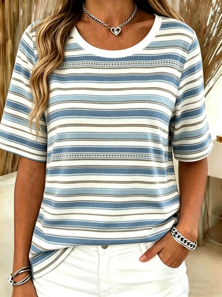 

Casual Striped Crew Neck Short Sleeve T-shirt, White, T-shirts