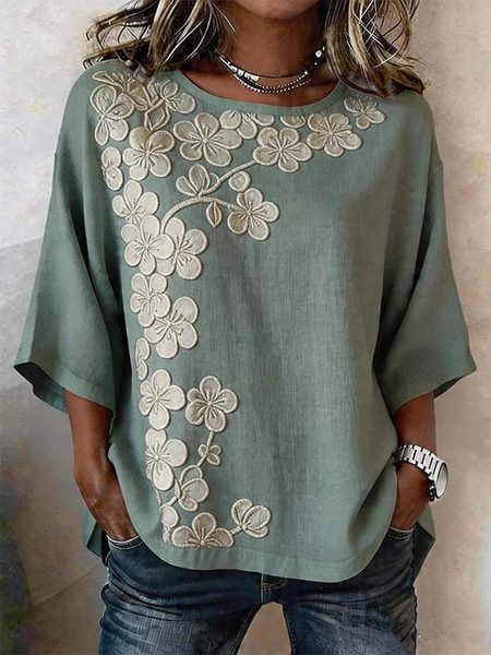 

Women Floral Crew Neck Half Sleeve Blouse Printing Vintage Daily Summer Top, Green, Blouses