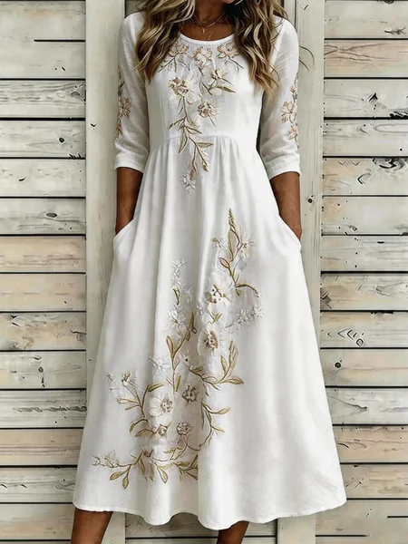 

Women Floral Summer Dress Crew Neck Half Sleeve A-Line Dress, White, Dresses