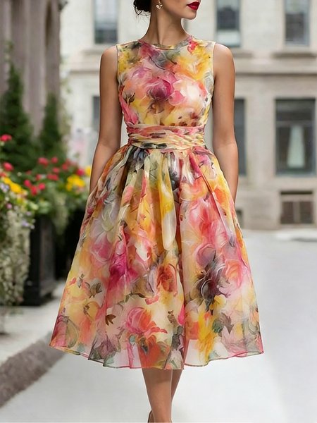 Elegant Floral Crew Neck Midi Dress