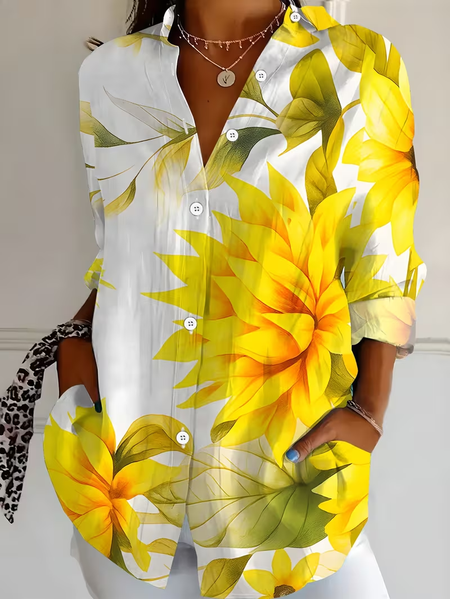 Women Floral Shirt Collar Long Sleeve Shirt Buckle Regular Sleeve Casual Daily Spring/Fall Top