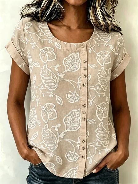 Crew Neck Short Sleeve 3D Printing Regular Loose Blouse For Women