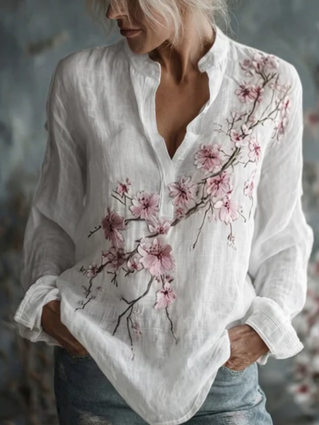 

V Neck Long Sleeve Floral Regular Loose Blouse For Women, White, Blouses