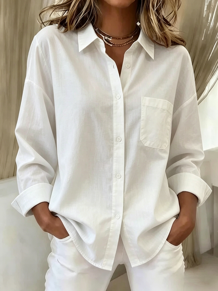 Shawl Collar Long Sleeve Plain Regular Loose Shirt For Women