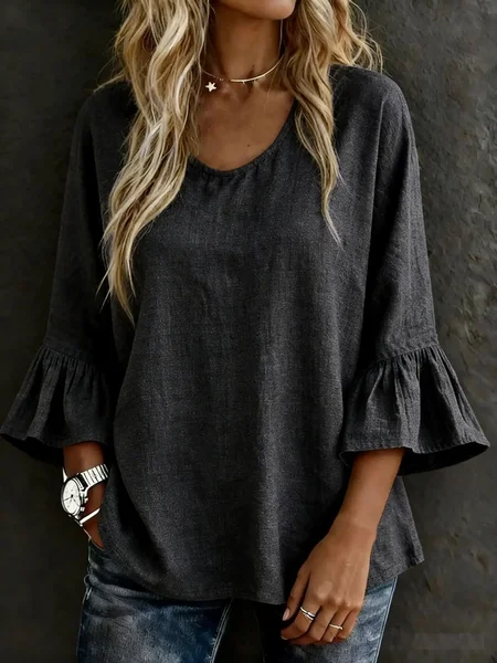 

V Neck Three Quarter Sleeve Plain Regular Loose Blouse For Women, Deep gray, Blouses