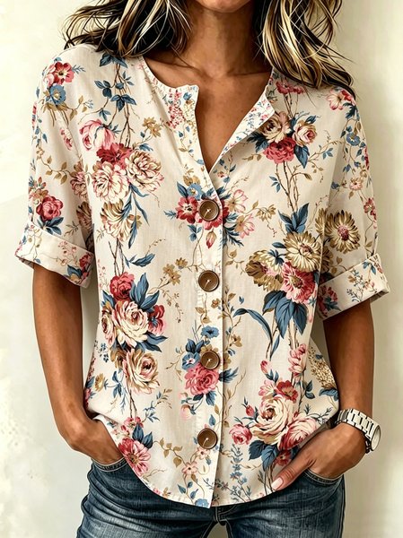 Stand Collar Three Quarter Sleeve Floral Regular Loose Shirt For Women