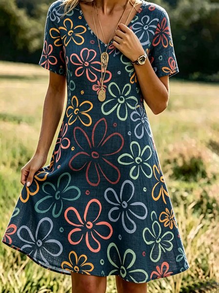 

Women Floral Summer Dress V Neck Short Sleeve Fit & Flare Dress A-Line Dress, Blue, Dresses