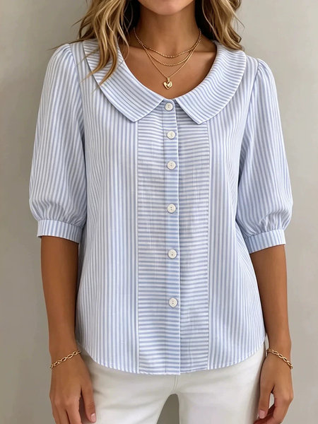 Shirt Collar Half Sleeve Striped Regular Micro-Elasticity Loose Shirt For Women
