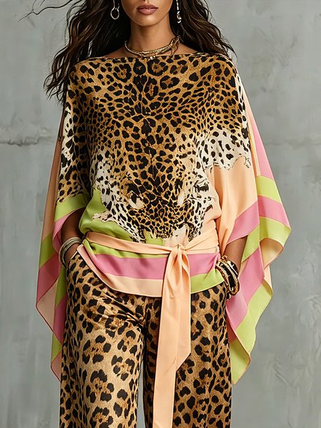 

Elegant Leopard Printing Boat Neck Raglan Sleeves Blouse With Belt, As picture, Blouses and Shirts