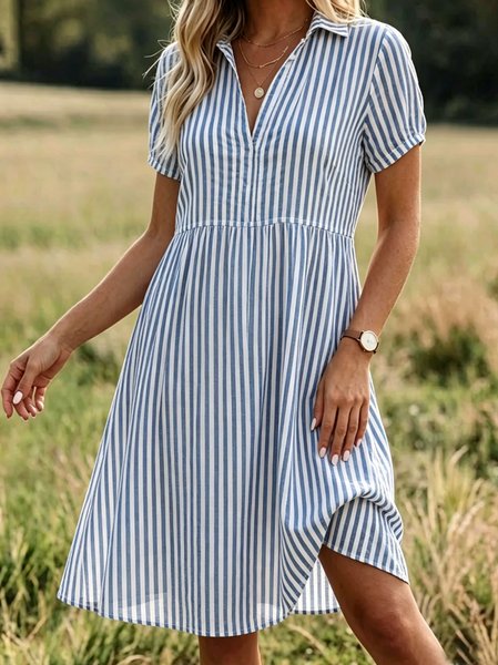 Women Striped Summer Dress V Neck Short Sleeve Shirt Dress A-Line Dress