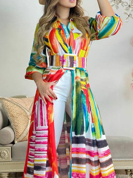 

Urban Geometric Printing Shirt Collar Shirt With Belt, As picture, Blouses and Shirts