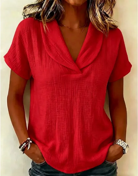 

Short Sleeve Plain Lightweight Micro-Elasticity Loose Shirt For Women, Red, T-shirts