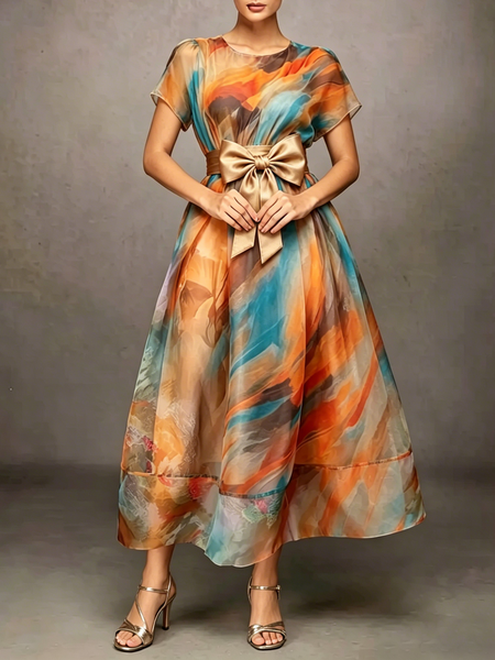 

Elegant Random Print Crew Neck Maxi Dress With Belt, As picture, Maxi Dresses