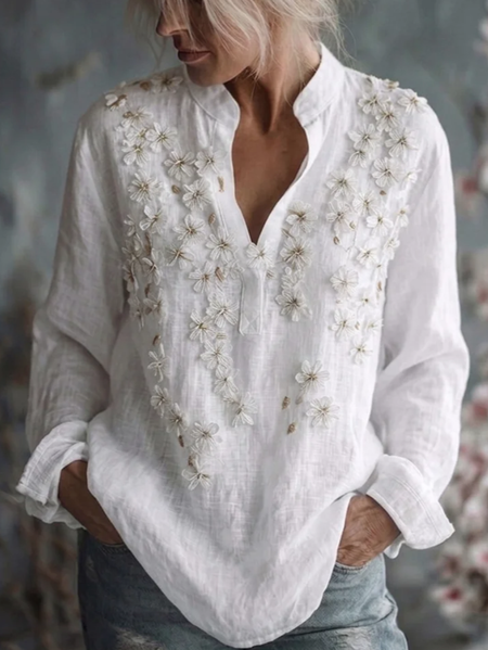

V Neck Long Sleeve Floral Regular Loose Blouse For Women, White, Blouses