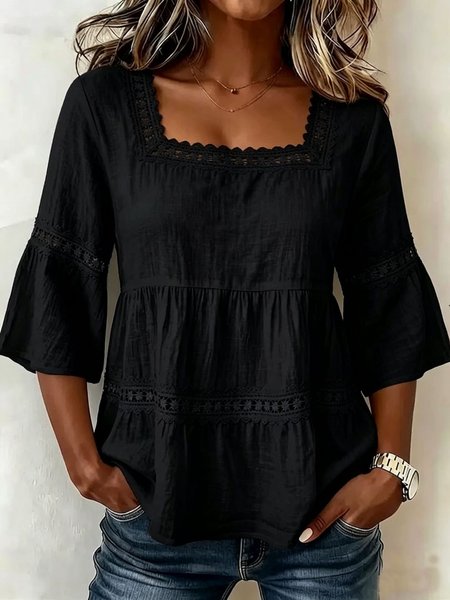 

Half Sleeve Plain Regular Loose Blouse For Women, Black, Blouses