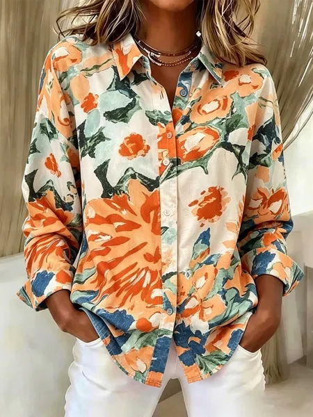Shawl Collar Long Sleeve Floral Regular Loose Shirt For Women