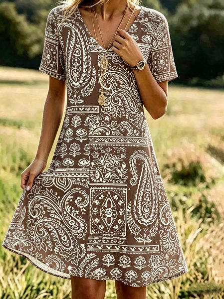 

Women Paisley Summer Dress V Neck Short Sleeve Fit & Flare Dress A-Line Dress, As picture, Dresses