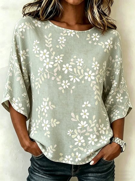 

Crew Neck Half Sleeve Floral Regular Loose Blouse For Women, Green, Blouses
