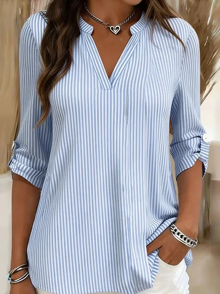 

V Neck Long Sleeve Striped Regular Loose Shirt For Women, Light blue, Blouses