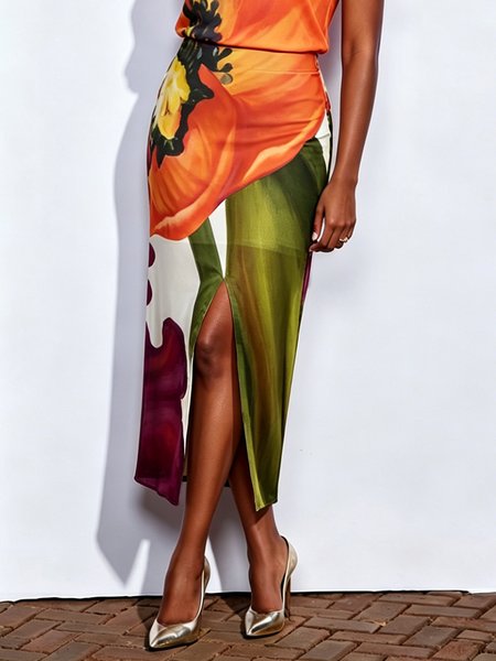 

Elegant Printing Floral Midi Skirt, As picture, Skirts