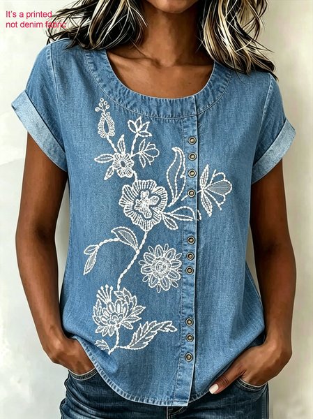 

Crew Neck Short Sleeve Floral Regular Loose Blouse For Women, Blue, T-shirts