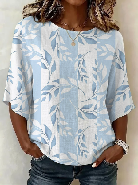 

Women Floral Crew Neck Half Sleeve Blouse Printing Vintage Daily Summer Top, Blue, Blouses
