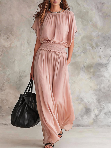 Women Plain Summer Dress Crew Neck Short Sleeve Fit & Flare Dress A-Line Dress