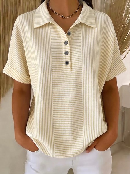 

Vintage Striped Polo Collar Short Sleeve T-shirt, Apricot, T-shirts