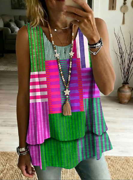 

Casual Striped Crew Neck Sleeveless T-shirt, As picture, Tanks & Camis