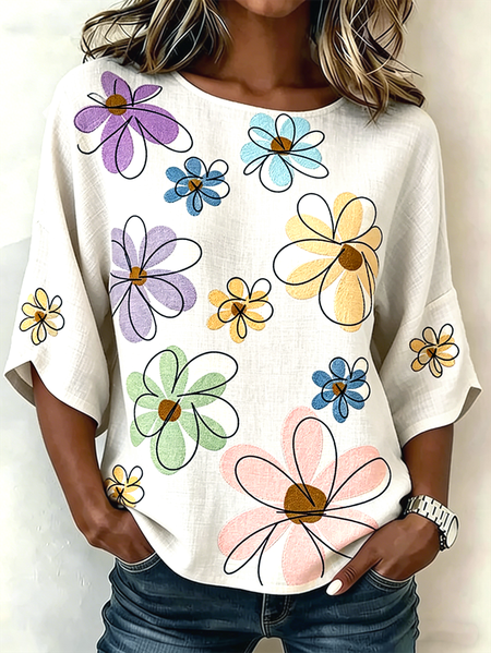 

Women Floral Crew Neck Half Sleeve Shirt Vintage Daily Summer Top, Apricot, Blouses