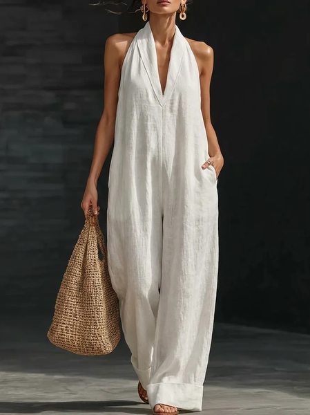 Cotton Casual Plain Halter Neck Tank Jumpsuit