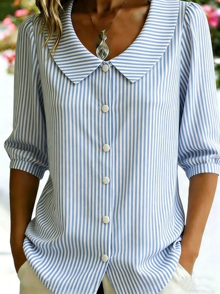 

Shawl Collar Half Sleeve Striped Regular Loose Shirt For Women, Blue, Shirts