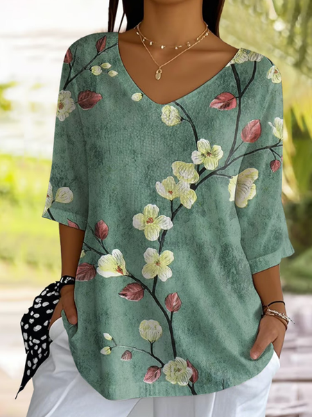 

Casual Floral V Neck Short Sleeve T-shirt, Green, T-shirts