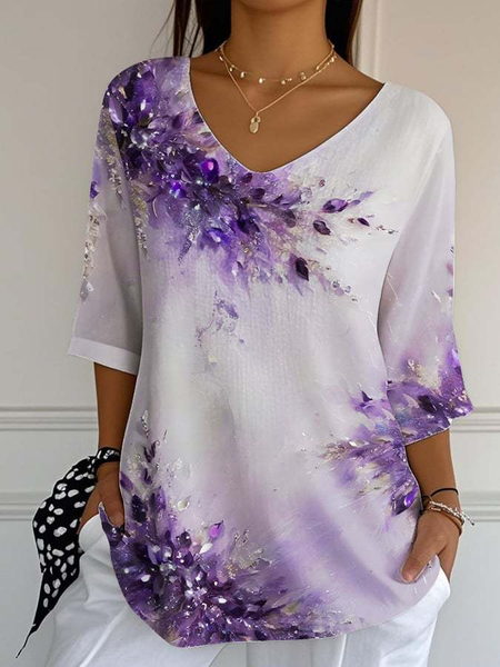 

Casual Abstract V Neck Short Sleeve T-shirt, Purple, T-shirts