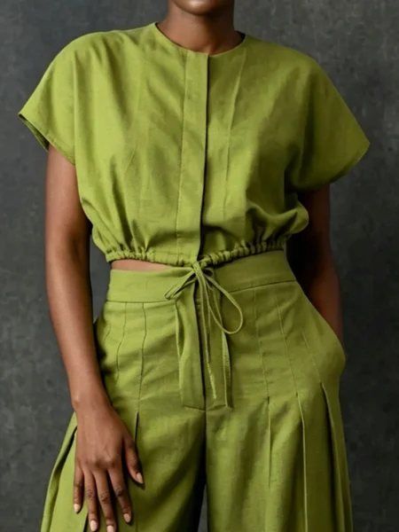 

Cotton And Linen Urban Plain Drawstring Crew Neck Blouse, Green, Blouses and Shirts