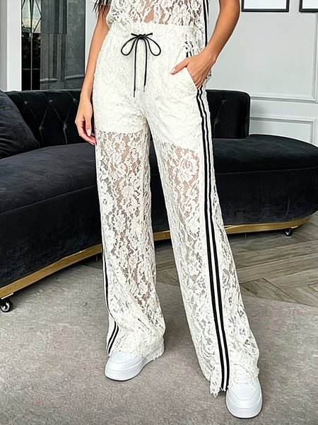 

Urban Color Block Lace Wide Leg Pants, White, Pants
