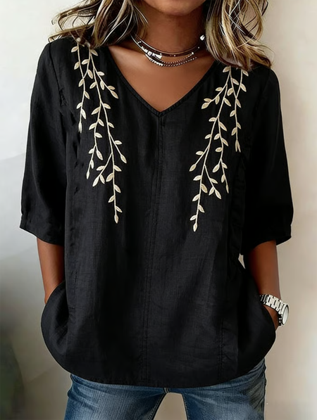 

Crew Neck Half Sleeve Botanical Pattern Lightweight Loose Shirt For Women, Black, T-shirts