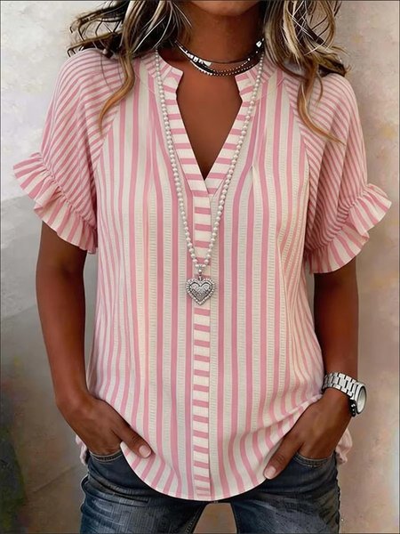 

Short Sleeve Striped Lightweight Micro-Elasticity Loose Shirt For Women, Pink, T-shirts