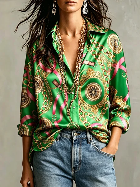 

Satin Urban Random Print Printing Shirt Collar Shirt, Green, Blouses and Shirts