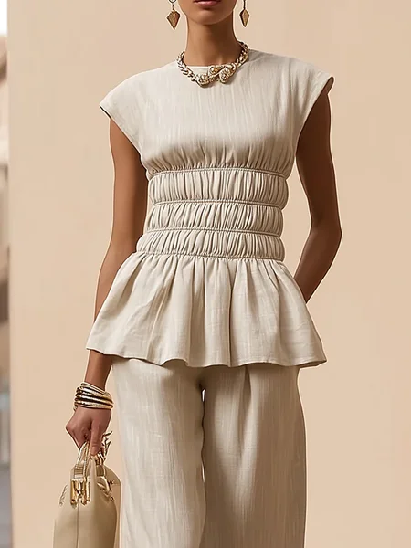 

Cotton And Linen Urban Plain Crew Neck Blouse, Apricot, Blouses and Shirts