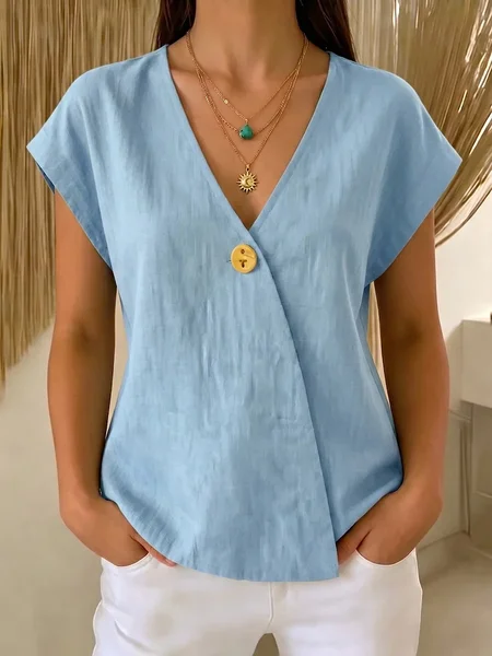 

Vintage Plain V Neck Short Sleeve T-shirt, Blue, T-shirts