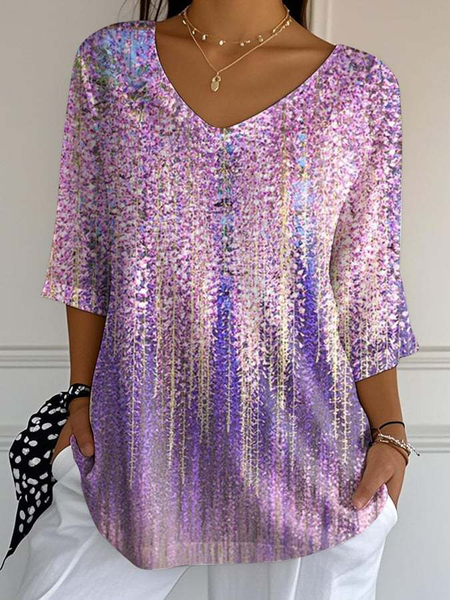 

Casual Abstract V Neck Short Sleeve T-shirt, Purple, T-shirts